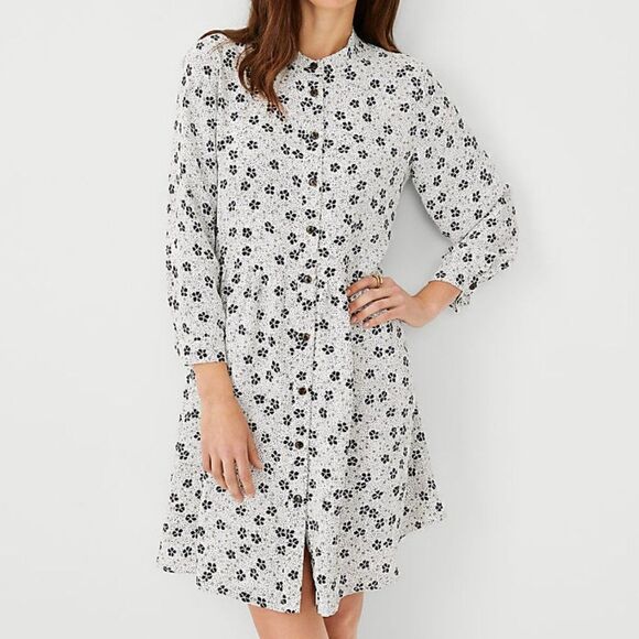 Ann Taylor Shirtdress Size S Shamrock Print White Black Relaxed Fit Long Sleeve - Picture 1 of 10